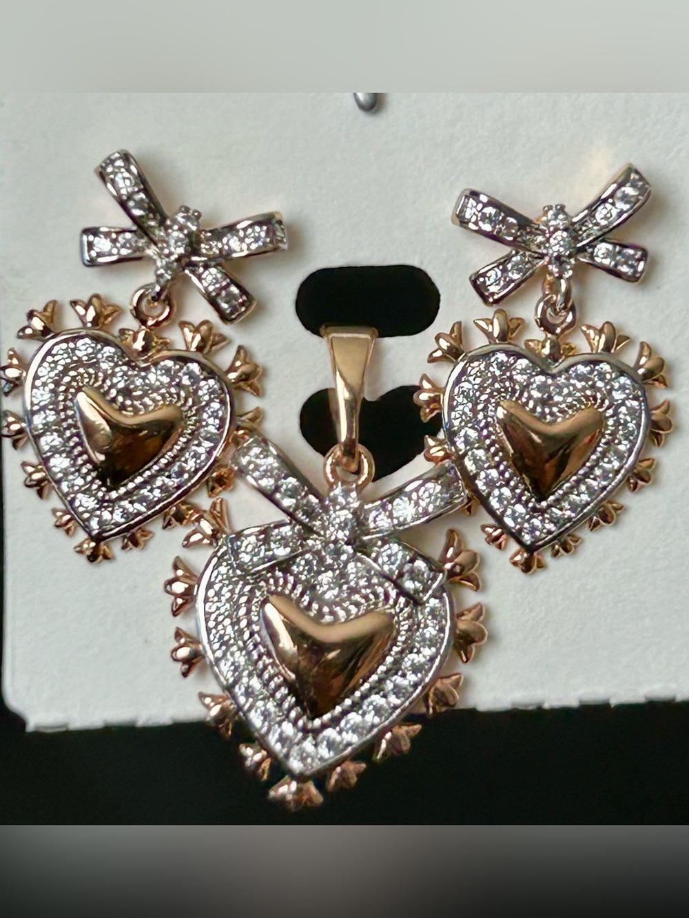 Heart Bow Pendant and Earring Set - Two-Tone Gold and Silver